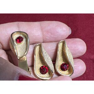 Vintage‎ Judy Lee Tie Clasp & Cuff Neck Links Set Red stone